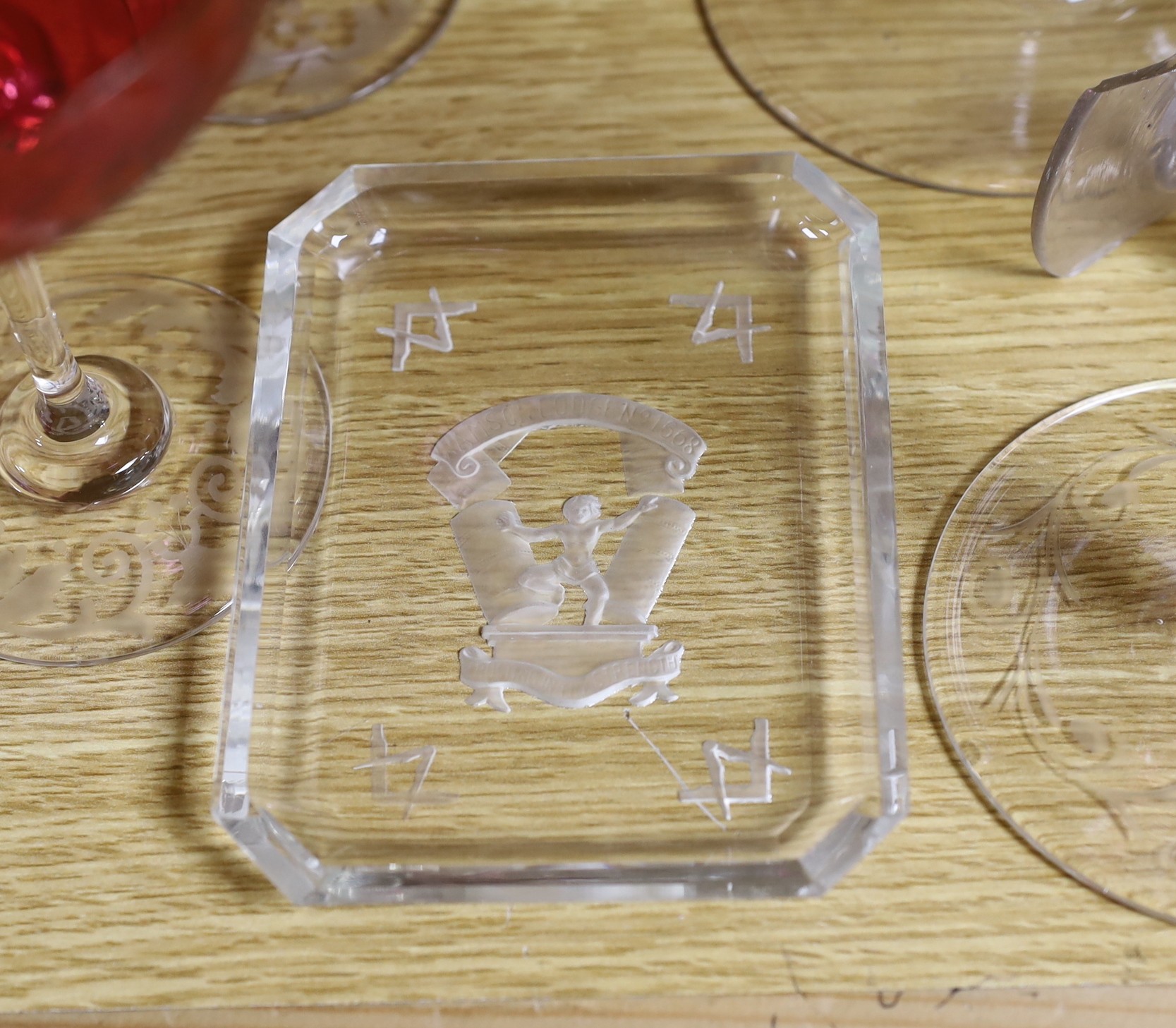 A collection of mostly 19th century engraved glass to include a Masonic dish